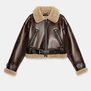 Zara Dark Brown Leather Jacket with Shearling Trim